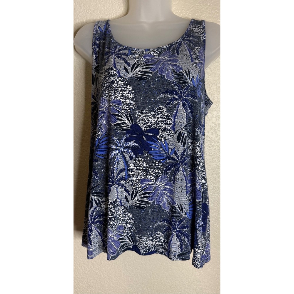 Chicos 1 US Medium Tank Top Blue Tropical Palm‎ Leaf Sleeveless Knit Resort
